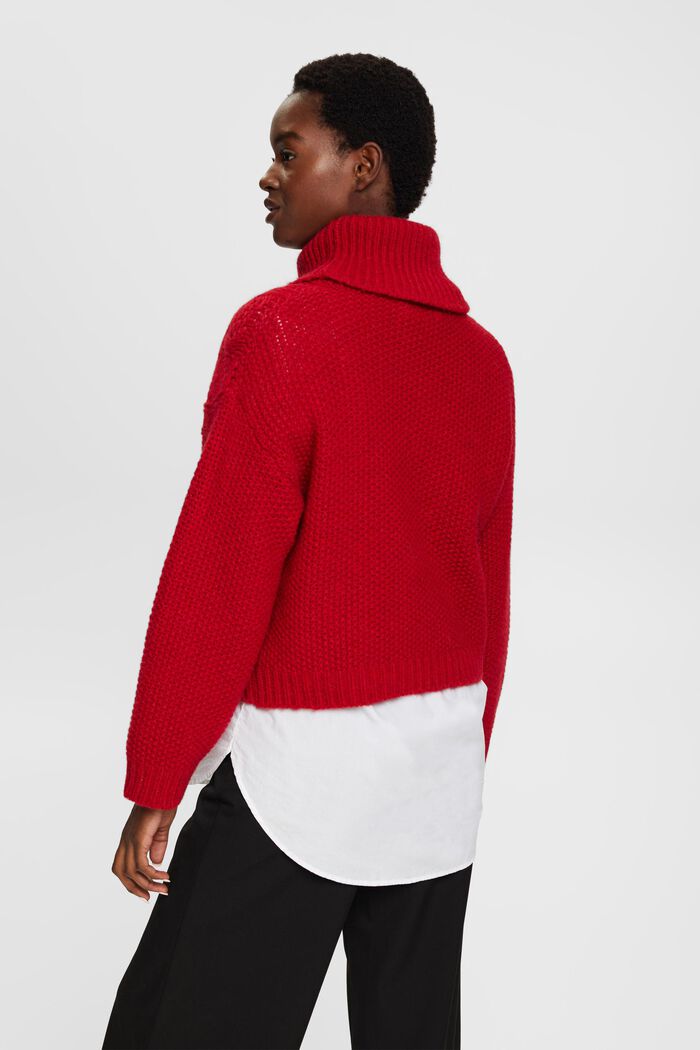 Pullover a collo alto in maglia intrecciata contenente lana, DARK RED, detail image number 3