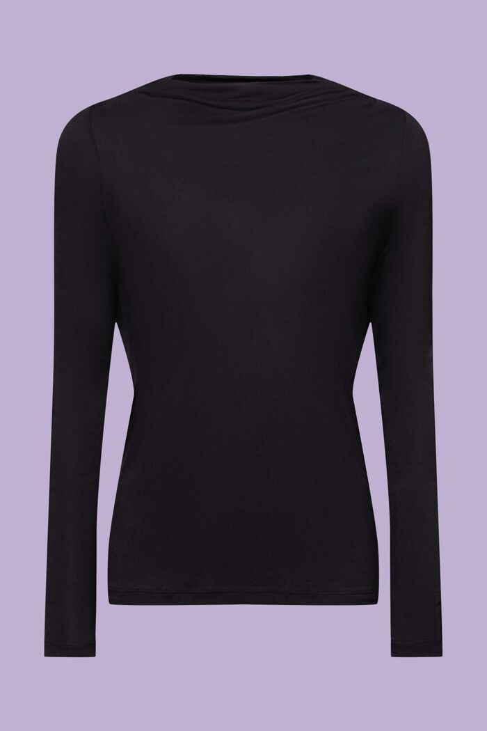 Maglia a maniche lunghe in jersey con collo a cascata, BLACK, detail image number 6