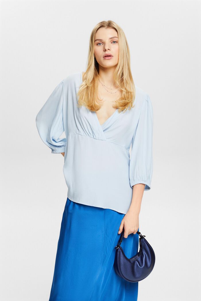 Blusa in crêpe con maniche arricciate, LIGHT BLUE, detail image number 0