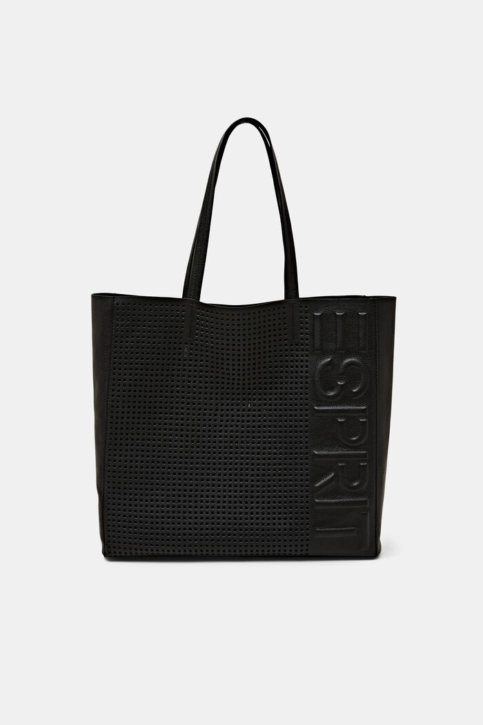 Tote bag in pelle con logo in rilievo, BLACK, detail image number 0