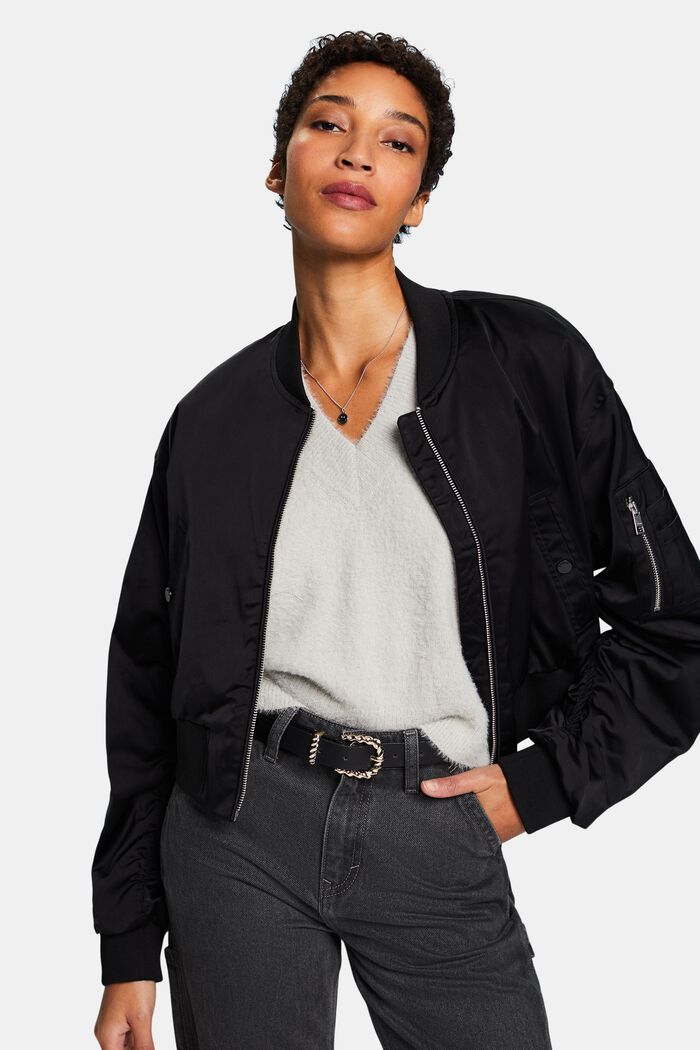 Giacca bomber cropped in raso, BLACK, detail image number 0