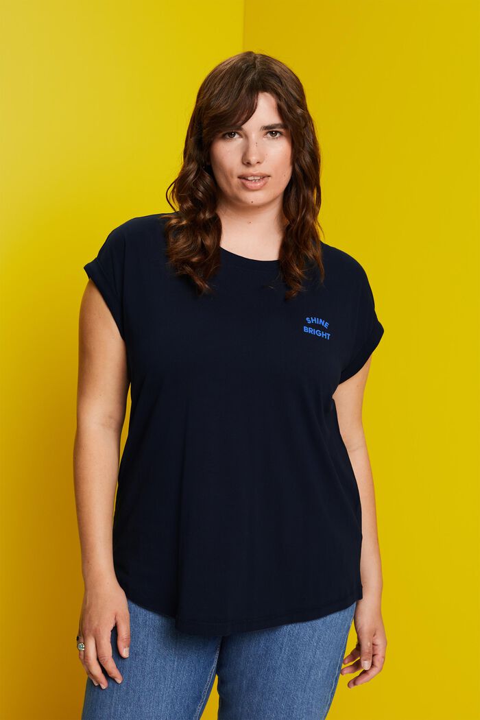 T-shirt CURVY con piccola stampa, 100% cotone, NAVY, detail image number 0