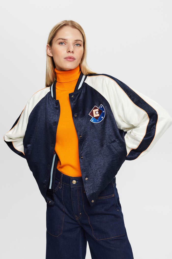 Giacca bomber in raso con logo, NAVY, detail image number 4