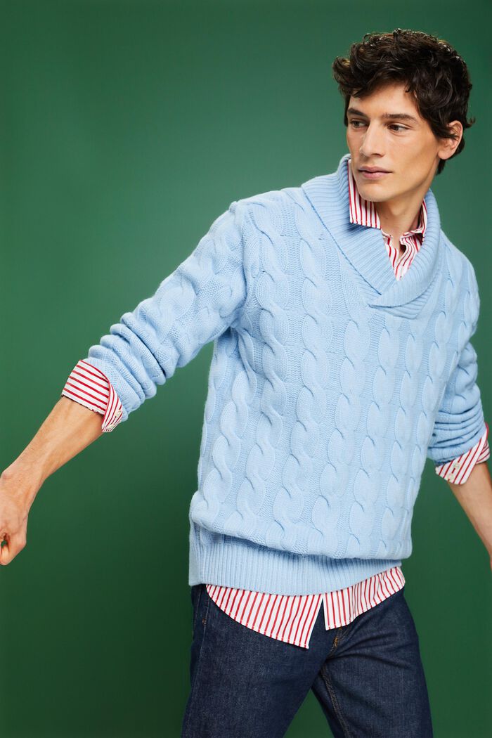 Pullover con collo sciallato in maglia intrecciata di lana, LIGHT BLUE LAVENDER, detail image number 5