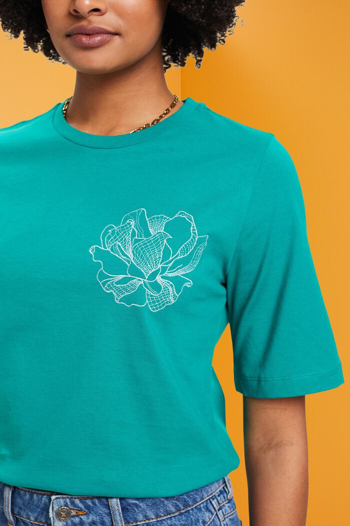 T-shirt di cotone con fiore ricamato, EMERALD GREEN, detail image number 2