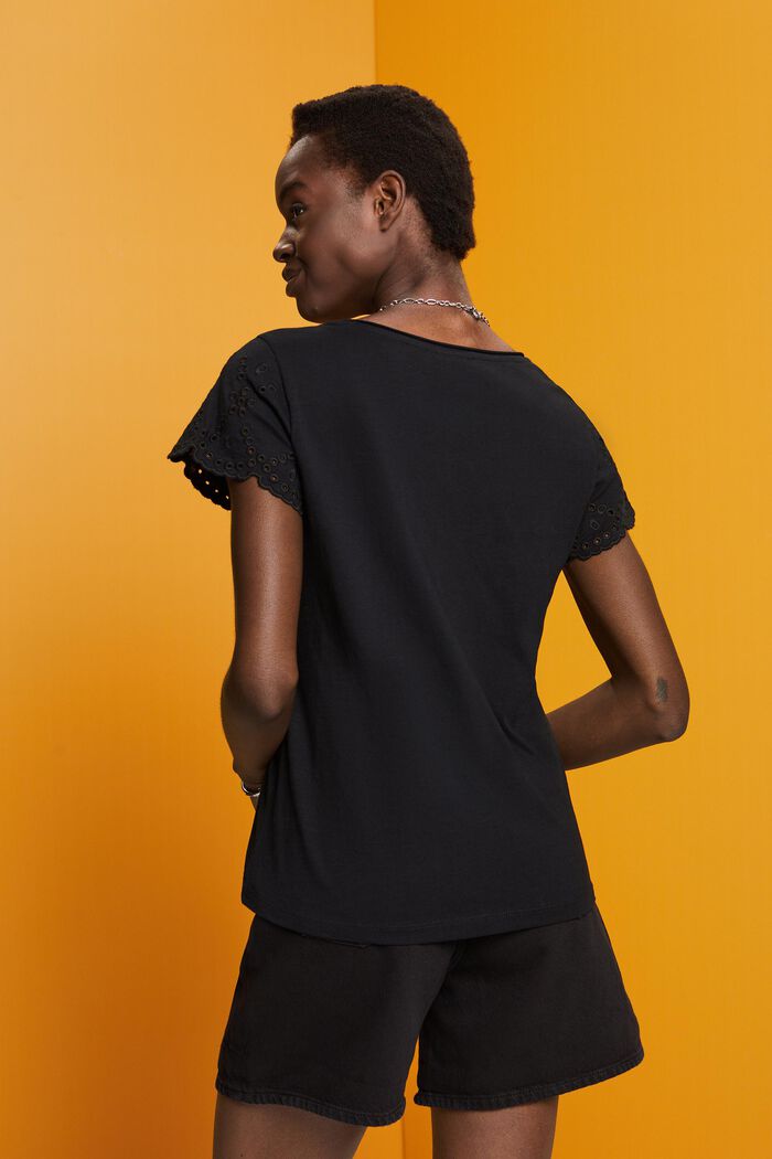 T-shirt di cotone con maniche traforate, BLACK, detail image number 3