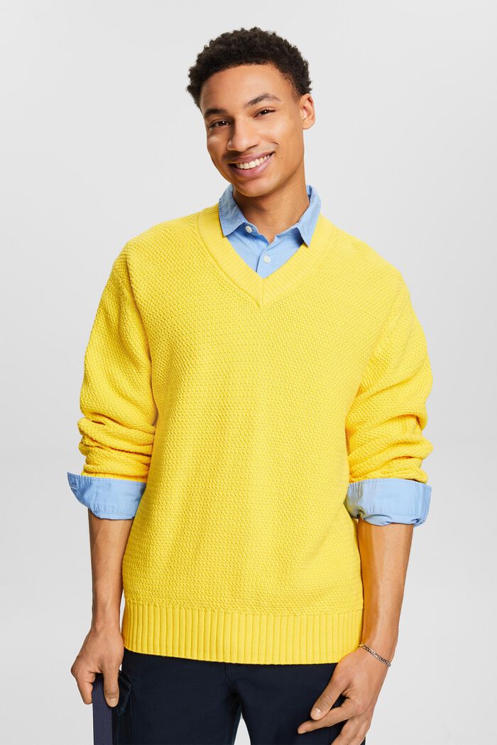 Pullover in cotone con scollo a V, YELLOW, detail image number 0