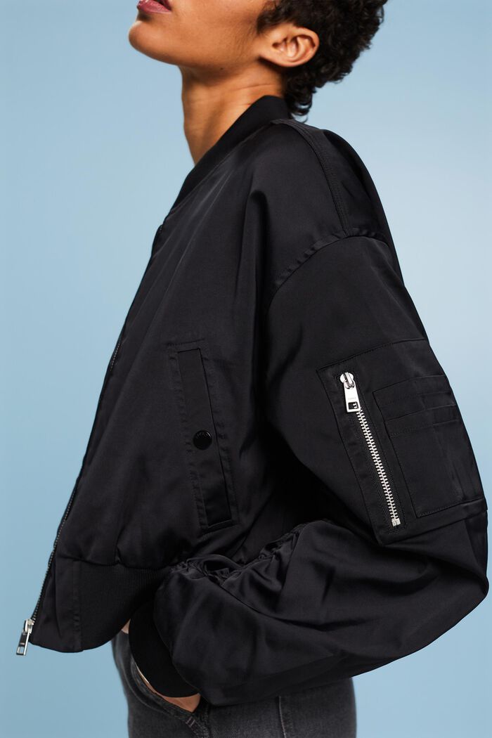 Giacca bomber cropped in raso, BLACK, detail image number 3