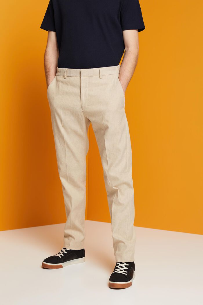 Pantaloni slim fit in misto lino e cotone, KHAKI BEIGE, detail image number 0
