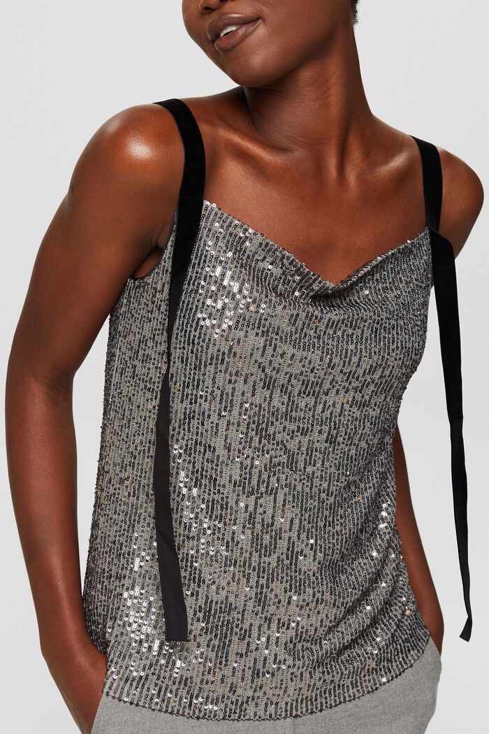 Top con paillettes e spalline in velluto, GUNMETAL, detail image number 2