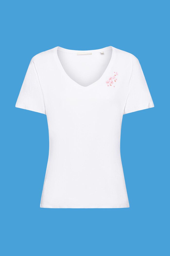T-shirt con scollo a V e ricamo floreale, WHITE, detail image number 5