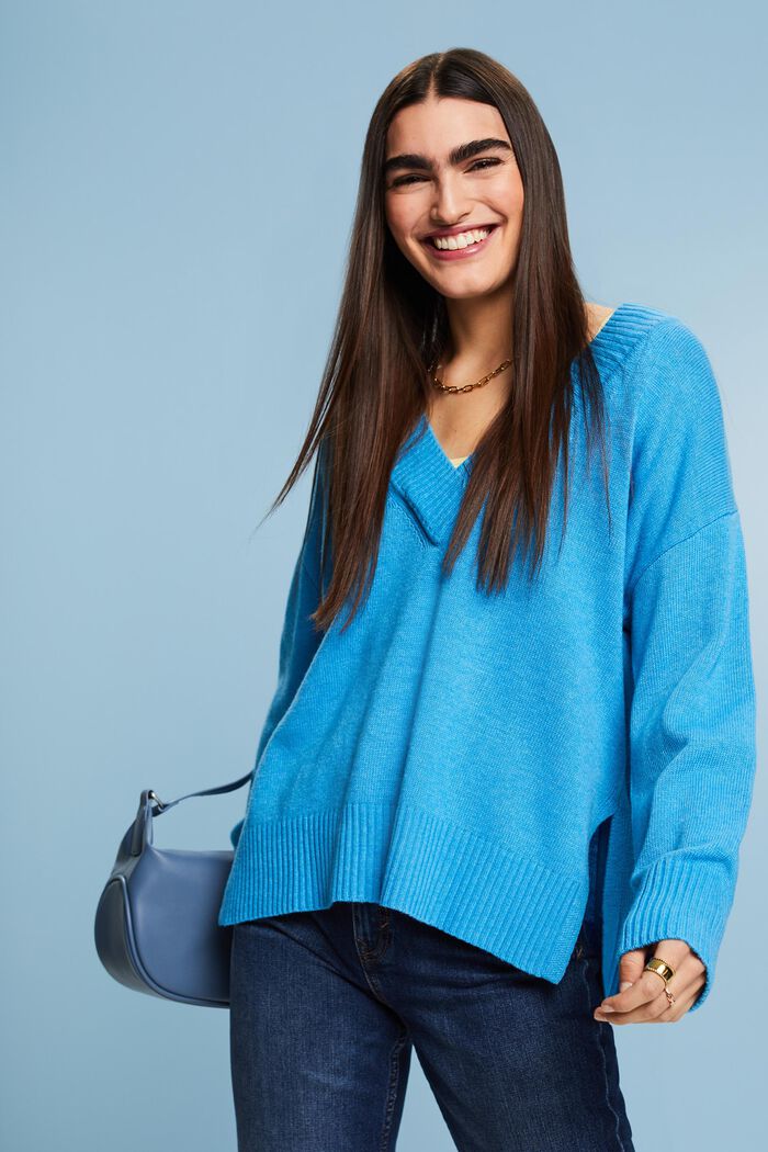 Pullover con scollo a V in misto lana e cashmere, BLUE, detail image number 0
