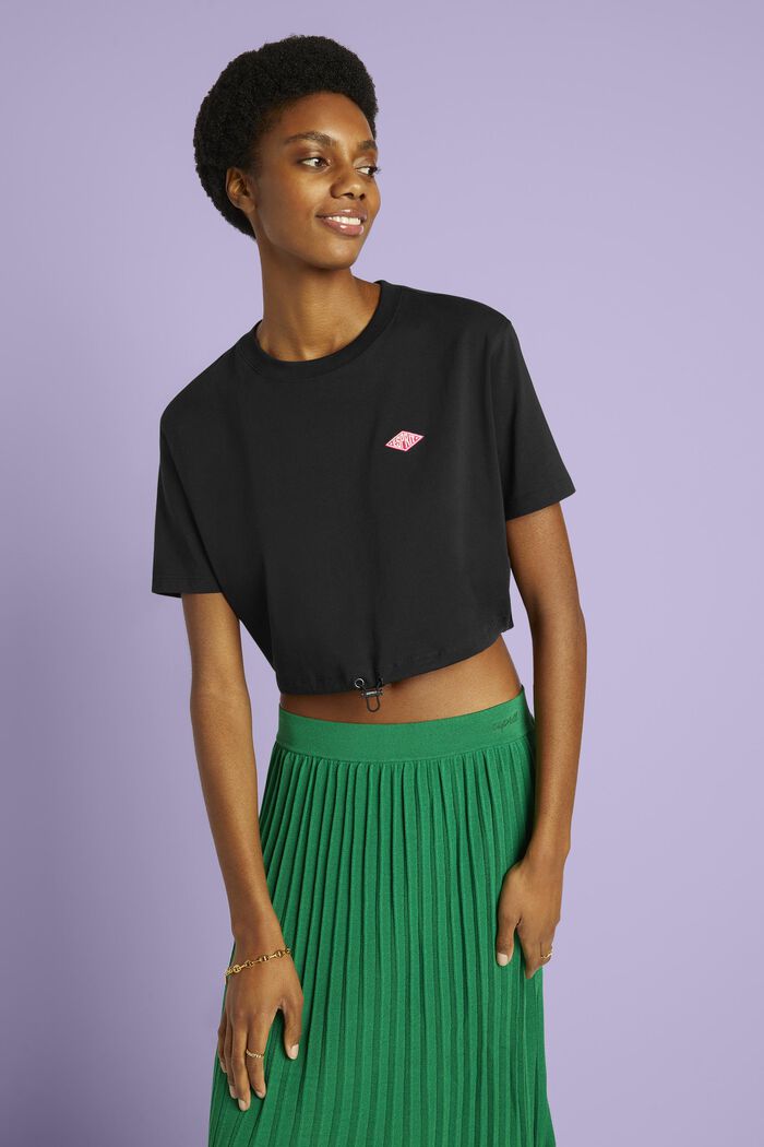 T-shirt cropped in jersey di cotone con logo, BLACK, detail image number 0