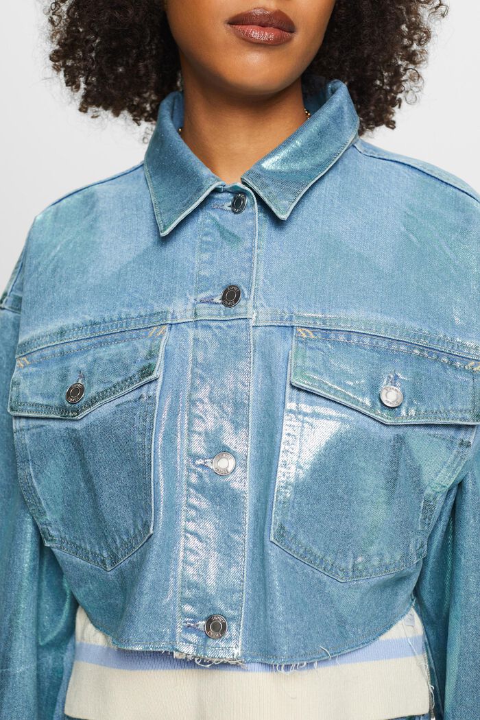 Giacca cropped in denim metallizzato, DENIM/PISTACHIO GREEN, detail image number 3