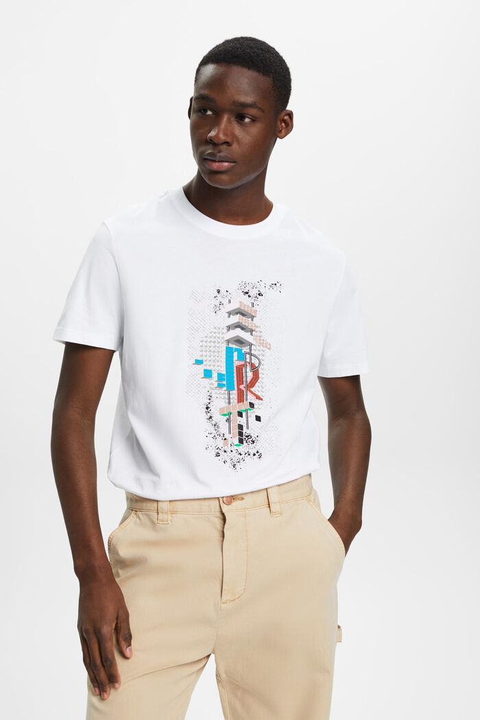 T-shirt slim fit in cotone con stampa sul davanti, WHITE, detail image number 0