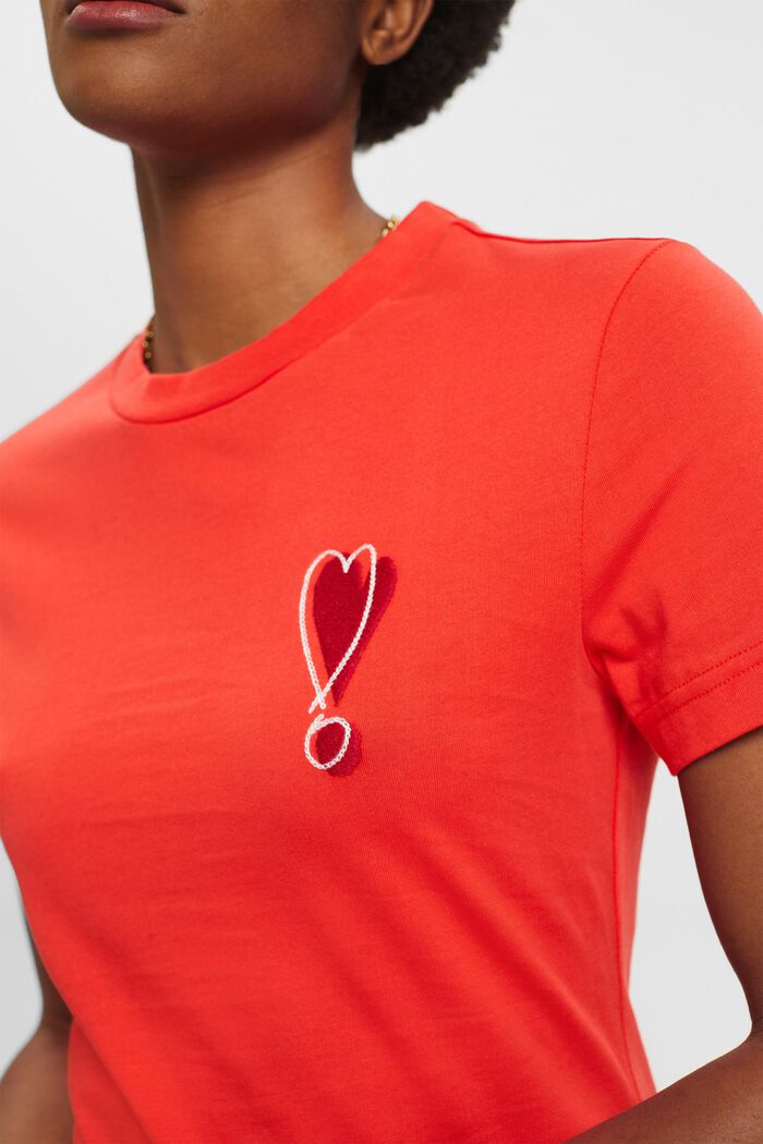 T-shirt in cotone con motivo a cuore ricamato, ORANGE RED, detail image number 2