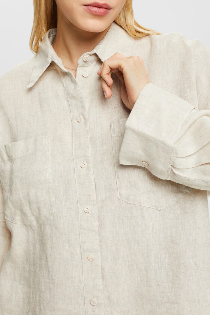 Blusa in lino a maniche lunghe, BEIGE, detail image number 3