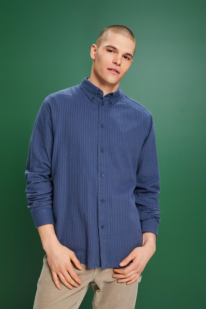 Camicia in flanella di cotone a righe gessate, GREY BLUE, detail image number 0