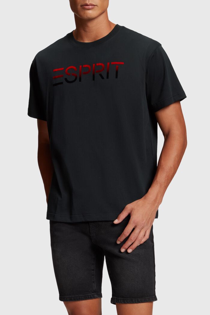 T-shirt a con logo floccato sul petto, BLACK, detail image number 0