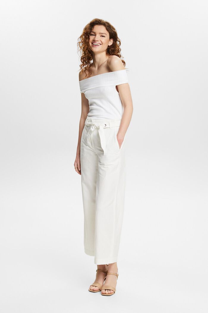 Pantaloni culotte cropped in lino e cotone, OFF WHITE, detail image number 1