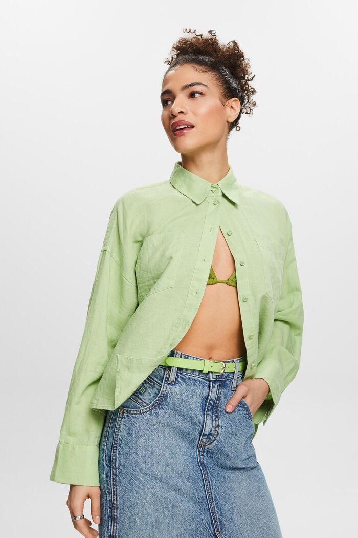 Camicia blusata in lino e cotone, LIGHT GREEN, detail image number 4
