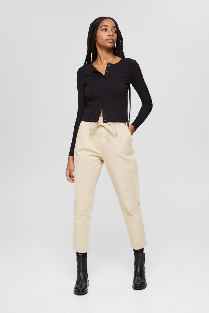 Pantaloni con pieghe in vita e cintura, cotone Pima, BEIGE, detail image number 6