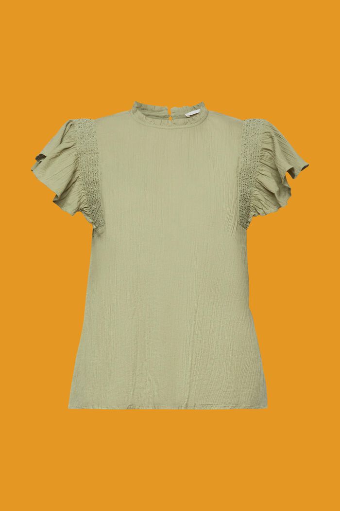 Blusa in cotone con maniche con volant, LIGHT KHAKI, detail image number 7