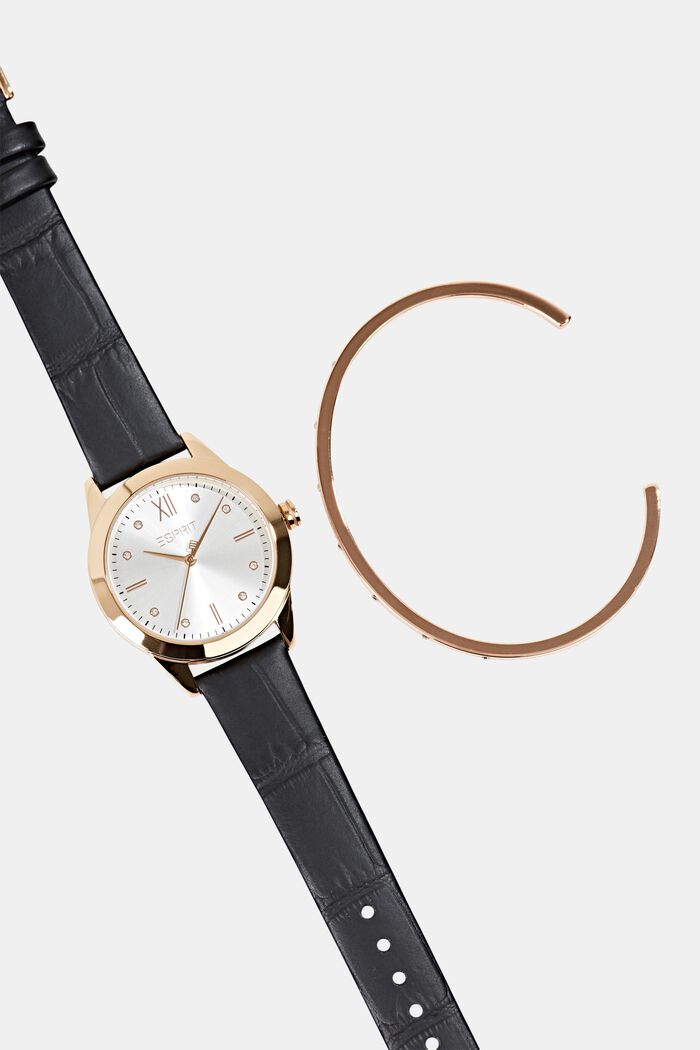 Set di orologio in acciaio inossidabile e bracciale rigido, BLACK, detail image number 3