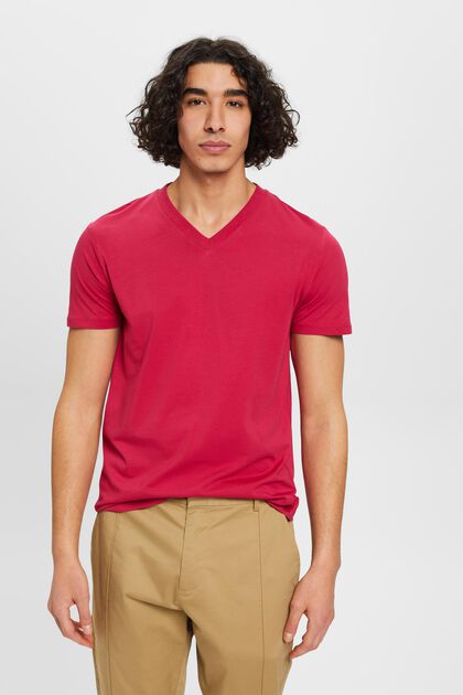 T-shirt slim fit in cotone con scollo a V, DARK PINK, overview