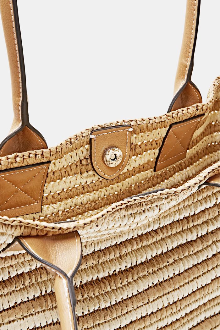 Tote bag in rafia con manici in similpelle, CAMEL, detail image number 1