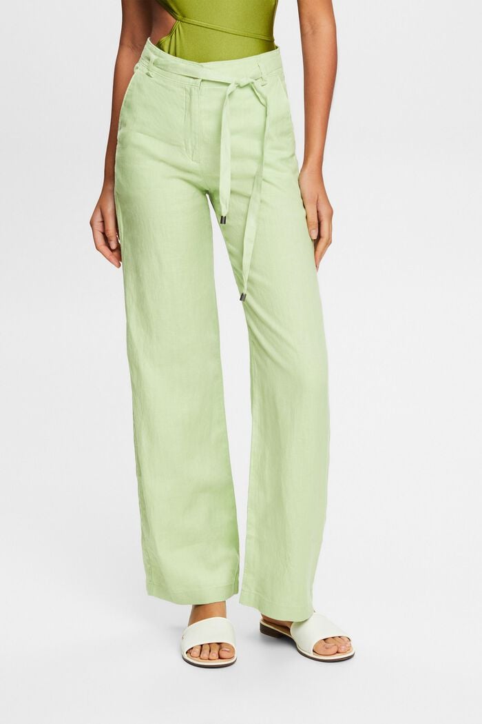 Pantaloni con cintura in lino a gamba larga, LIGHT GREEN, detail image number 0