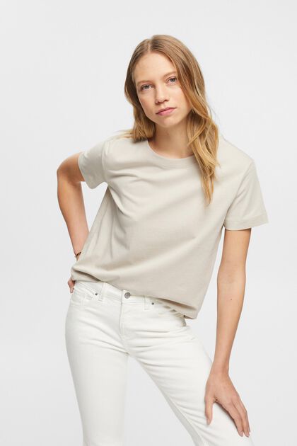 T-shirt girocollo in cotone, LIGHT TAUPE, overview