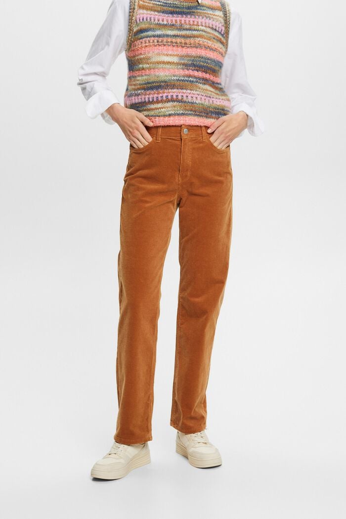Pantaloni in fine velluto Straight Fit a vita alta, CARAMEL, detail image number 0