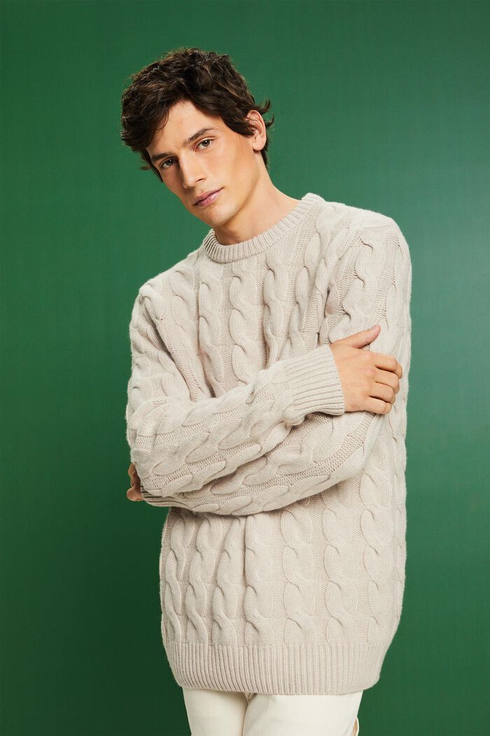 Pullover in maglia di lana intrecciata, LIGHT TAUPE, detail image number 0