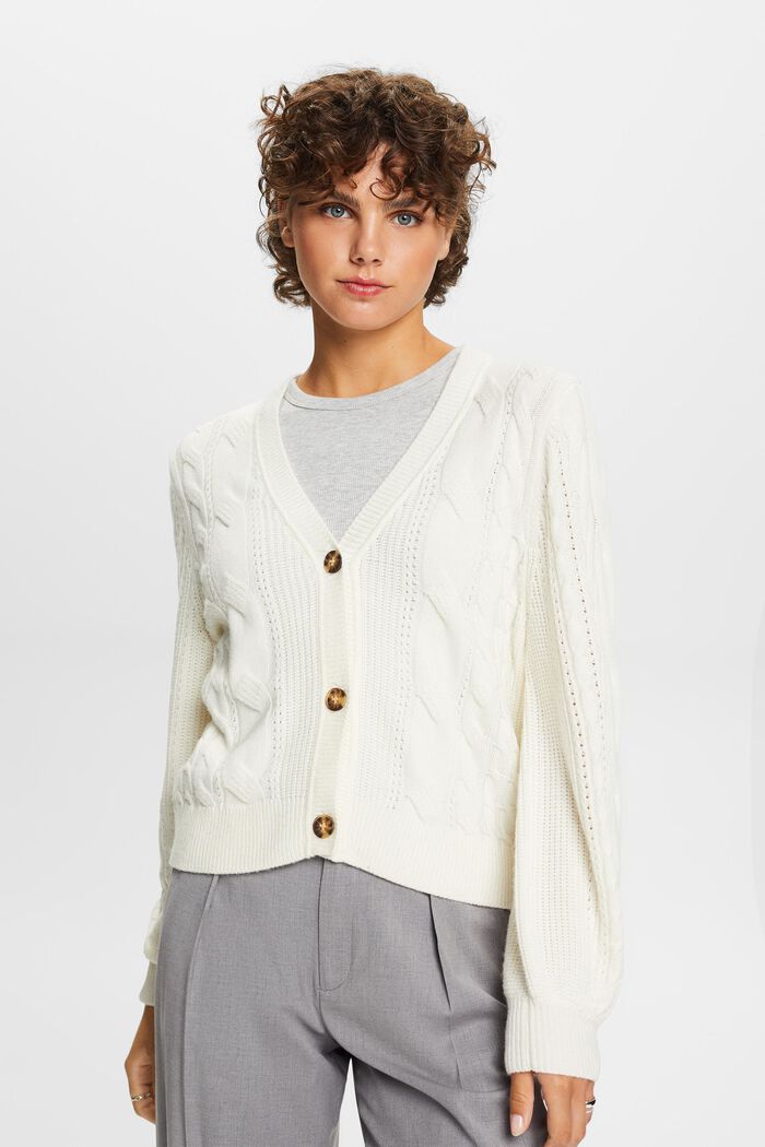 Cardigan in maglia intrecciata, misto lana, OFF WHITE, detail image number 0