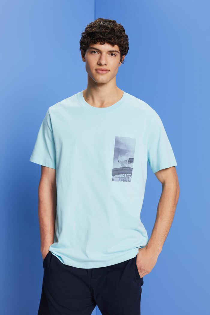 T-shirt con petto sul stampa, 100% cotone, LIGHT TURQUOISE, detail image number 0