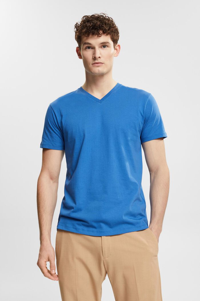 T-shirt in jersey con scollo a V, BLUE, overview