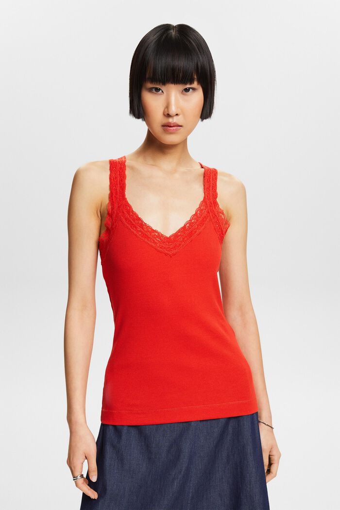 Top con pizzo in jersey di maglia a coste, RED, detail image number 0