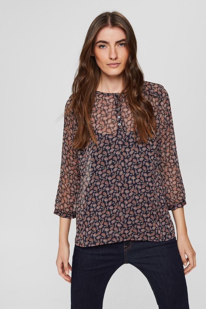 Blusa in chiffon con stampa paisley e top integrato, NAVY, detail image number 0