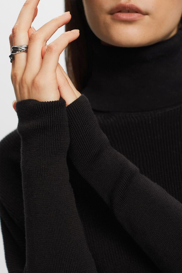 Pullover dolcevita con maniche a pipistrello in maglia a coste, BLACK, detail image number 2