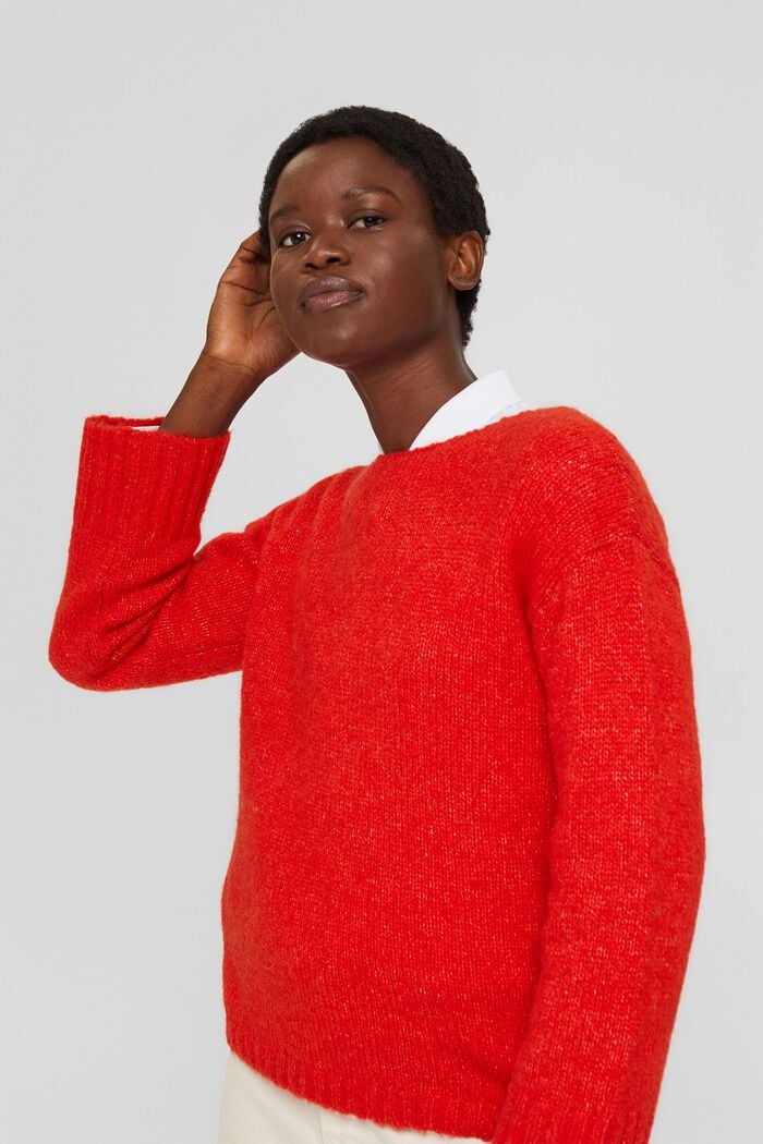 Con lana/alpaca: morbido pullover con scollo a barchetta, ORANGE RED, detail image number 0