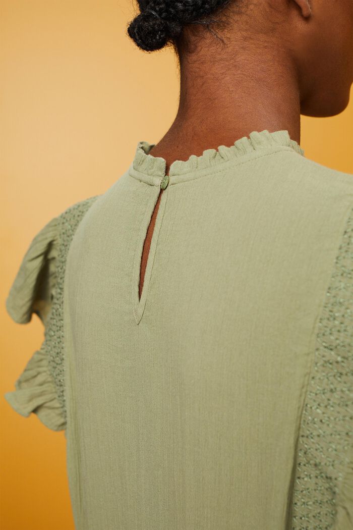 Blusa in cotone con maniche con volant, LIGHT KHAKI, detail image number 4