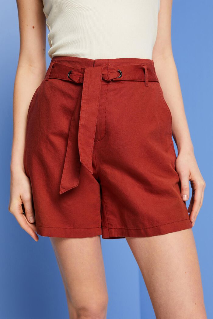 Pantaloncini con cintura da annodare, misto cotone e lino, TERRACOTTA, detail image number 2