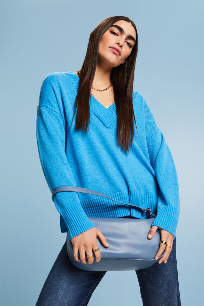 Pullover con scollo a V in misto lana e cashmere, BLUE, detail image number 4