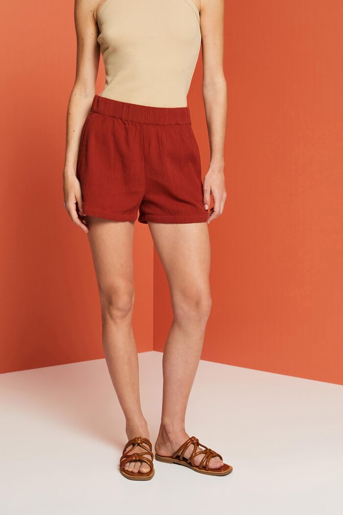 Shorts pull on in cotone stropicciato, TERRACOTTA, detail image number 0